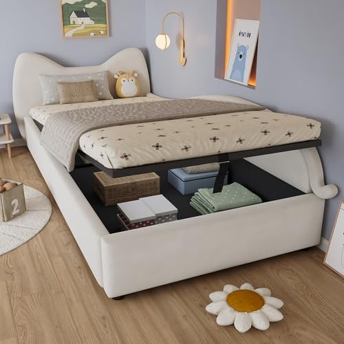 Soweiz Polsterbett, Einzelbett, Kinderbett, Niedliches Katzen-Design, Hydraulisches Bett mit Stauraum und Gurtgriffen, Stabile Lattenroste, Samt, Beige, 90x200cm (Rechte Seitenplatte)