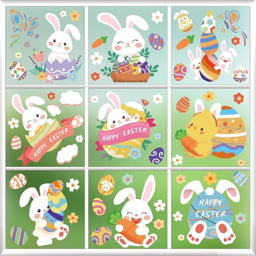 9 Feuilles Stickers Fenetre Pâques, 93 Pièces Stickers de Pâques, Decoration Paques Printanière en PVC Statique avec Motifs Lapin, Œufs et Papillons, pour Fête de Pâques, Famille et École