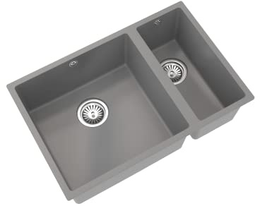Flode Comite 1.5 Bowl Undermount Kitchen Sink 670 x 440 x 200mm – Matt Grey – Composite Double Bowl Basin – Chrome Basket Wastes Included – 600mm Cabinet