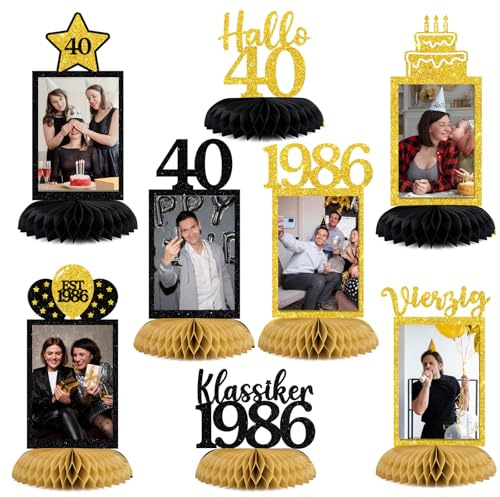 8 Stücke Deko 40 Geburtstag Mann 40. Geburtstag Tischdeko Bienenwabe | Schwarz Gold 1986 Geburtstagsdeko auf Deutsch Fotorahmen Tischdekoration