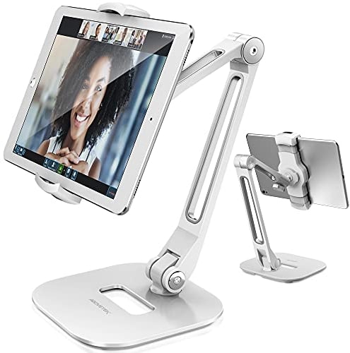 AboveTEK Brazo Largo de Aluminio para Soporte de Tablet, iPad Plegable con Soporte Giratorio de 360 Grados, Soporte de Montaje con Abrazadera para iPhone (Blanco)