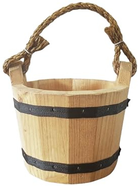 GOOD WOOD - Wooden Bucket 6 x 8 Water Wishing Well Pail with Rope Twine Handle Solid Wood Vintage Style Primitive Planter - Made in The USA
