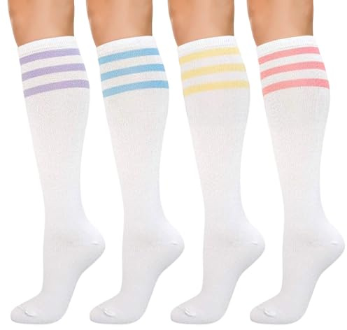 KONY Women's 4 Pairs Casual Knee High Socks Soft Stretch Cotton All Season Gift Size 6-10 (Triple Stripe White)