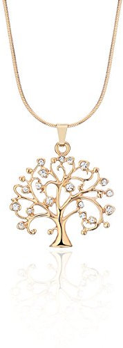 Mode Longue chaîne Collier Arbre de Vie Celtique avec Brillant CZ Pendentif en Cristal Collier plaqué Or Bijoux pour Femmes Filles (Plaqué Or)