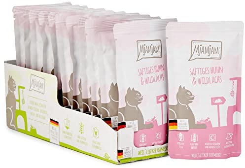 MjAMjAM - Premium Nassfutter für Katzen - saftiges Huhn und Wildlachs, 12er Pack (12 x 125 g), getreidefrei mit extra viel Fleisch