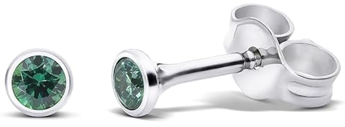 TIABELLE – Ohrstecker TRUMPET aus Titan mit funkelnden Swarovski® Zirconias – Silberfarbene Ohrringe für Damen – allergenfrei & hautverträglich – Handmade in Germany (MINI | 3,0mm ø | Green)