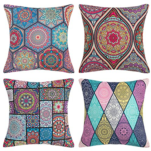 DakTou 4er Set Kissenbezug 40x40cm Mandala Muster Kissenbezüge Hippie Böhmischen Dekor Kissenhülle Baumwolle Leinen Quadratischer Zierkissenbezug für Sofa Schlafzimmer Wohnzimmer Home Garten Patio