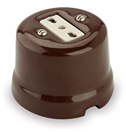 Amarcords - Toma de corriente en by-pass de porcelana 10/16 amperios. Enchufe bivalente vintage en cerámica de color MARRÓN