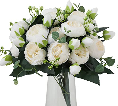 Veryhome 4 Bündel Künstliche Blumen Pfingstrose Seide Pfingstrosen Sträuße Gefälschte Blumen Blumensträuße Hochzeitsdekoration Home Tisch Küche Büro Garten Brautgrün (Weiß)