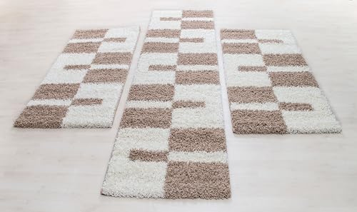 Carpettex Bettumrandung Schlafzimmer 3teilig Shaggy Teppich Hochflor Kariert Design Beige Bettset:2 mal 80x150 + 1 mal 80x250 - Bettvorleger Schlafzimmer Läufer Set Flauschiger Bettumrandung Teppich