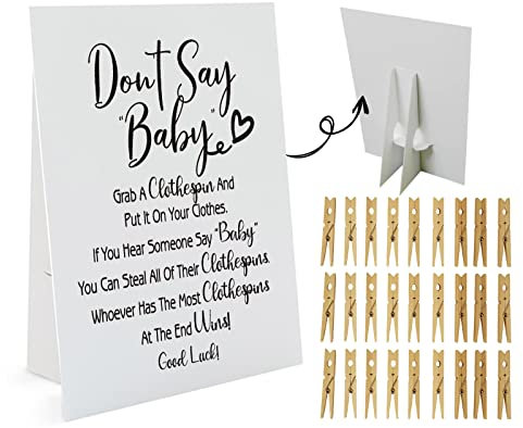 NB002 Don't Say Baby Game, ein 20,3 x 25,4 cm großes Schild ausgestattetes Standregal, 50 Mini-Wäscheklammern, Babyparty-Spiele, Geschlechtsneutral, NB002