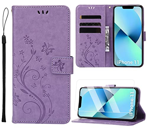 Anshow for iPhone 11 Case Wallet with Wrist Strap, Flip Leather Case with Cards Holder Phone Case with Kickstand Cover for iPhone 11, Purple