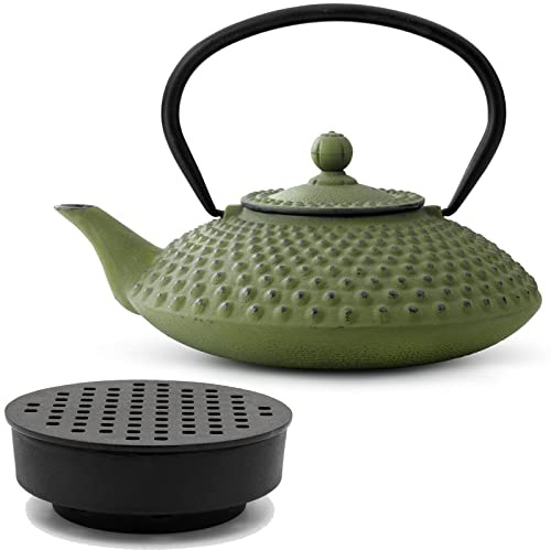 Bredemeijer Guss-Teekanne Set 1.25 Liter - grüner flacher asiatischer Teekessel mit Edelstahl Tee-Filter Sieb-Einsatz für losen Tee & Teewärmer