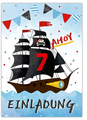 Junapack 12 Einladungskarten zum 7. Kindergeburtstag siebte Geburtstag Jungen Mädchen Pirat Piraten-Party