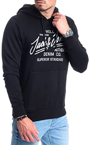 JACK & JONES Herren Hoodie Pullover mit Kapuze Sweatshirt Kapuzenpullover für Männer aus Baumwolle mit Logo/Auswahl an Designs und Farben (Black Mika 2, M)