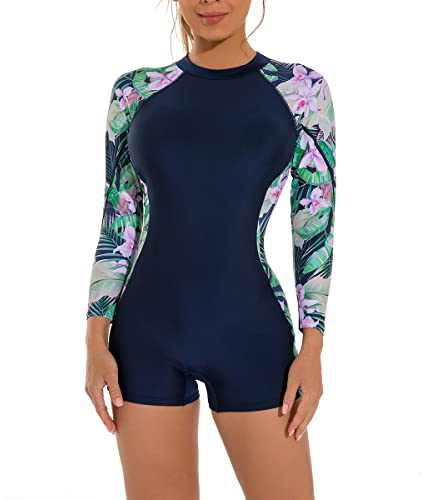 Women's Long Sleeve One-Piece Swimsuit with Tropical Floral Print, Zipper Front Padded Push Up Slim Fit Rash Guard Bathing Suit Beachwear Swimwear Unitard Legsuit Swimming Costume Pink Flower XL