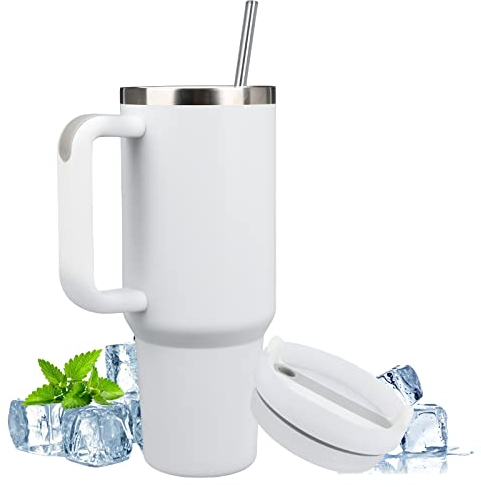 WingFly Thermobecher Kaffee to Go 40oz 1182 ML, Doppelwandig Edelstahl Vakuum Isolierbecher mit Strohhalm und Henkel, Tumbler Thermobecher mit Deckel für Auto Büro Heißen Kalten Wasser und Tee (Weiß)