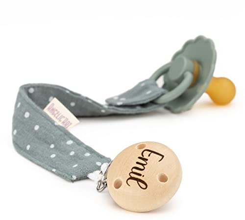 AngelicArt Schnullerband mit Gravur Namen für Jungs und Mädchen - große Farbauswahl - Geschenk für Baby (Dunkelmint-Gepunktet)