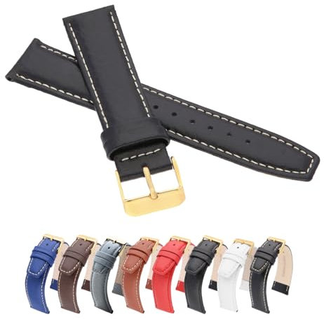 MARCHEL Lederarmband 16mm Schwarz-Weiß WB20 Gold Schließe Uhrenarmband Rindsleder Genarbt (16 mm, Schwarz-Weiß)