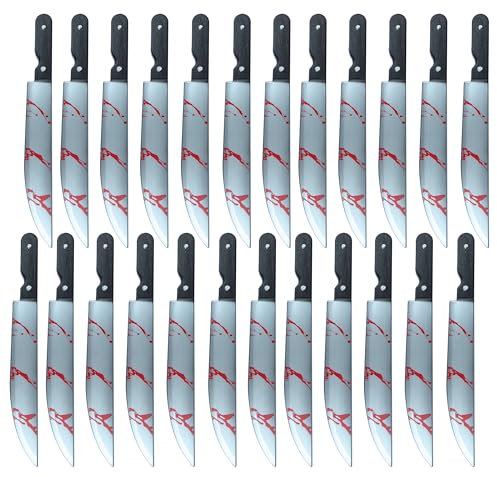 labreeze Paquete de 24 cuchillos de cocina largos de plástico con sangre falsa de 50 cm para Halloween, terror, espeluznante, accesorio para disfraz de fiesta
