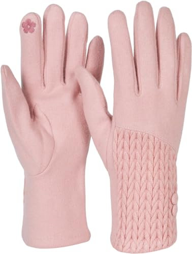 styleBREAKER Damen Touchscreen Handschuhe Einfarbig mit Zopfmuster und Knöpfen, warme Fingerhandschuhe, Winter 09010041, Farbe:Rose