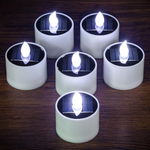 Yakpo 6 Stück Solar Teelichter outdoor wasserdichte, Weiß flackernde flammenlose Solarkerzen wasserdicht, Wiederaufladbare LED Solar Teelicht außen für Garten Balkon Party Hof Weg Hochzeit Dekoration
