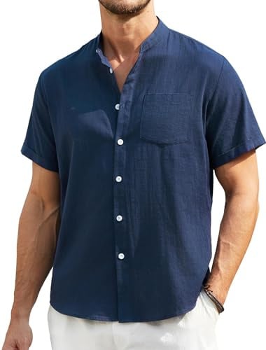 Enlision Mens Linen Shirts Short Sleeve Grandad Collar Collarless Shirts for Men Casual Summer Beach Henley Shirt Button Down S-4XL