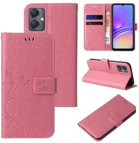 LBH Handy Hülle für Samsung Galaxy A05 Case Handytasche Schmetterling Blumen Flower Standfunktion Schutzhülle Magnet Rundum Schutz 360 Grad Flipcase Cover Rosegold