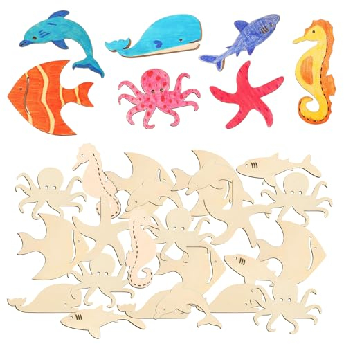 Meerestiere Holzscheiben 100 Stück DIY Meerestiere Holzornamente Malen Seestern Fisch Oktopus Seepferdchen Meerestiere Holzscheibe Holztier Holzausschnitt Tierausschnitte Ozean Tiere Diy Ausschnitte