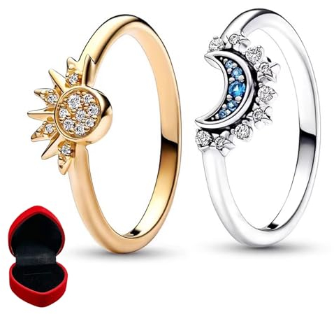 YANINEE 2 Stück Stapelbare Sonne Mond Ring Set mit Cubic Zirconia Silber(16mm)