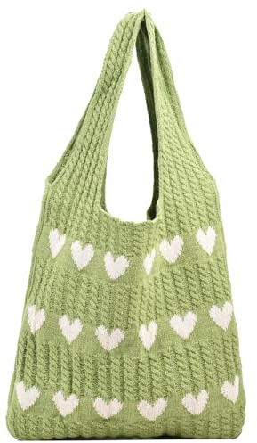 ibalulu Strandtasche Tote Bag Umhängetasche Damen Handtasche Gestrickte Tasche Shopper Tasche Damen-Strick-Love-Häkeltasche Schultertasche für Einkaufen Urlaub Reise (Grün)