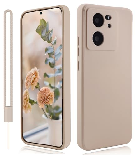 MSKJ für Xiaomi 13T/13T Pro Hülle mit Band, Silikon Handyhülle Xiaomi 13T/13T Pro Ultra Dünne Ganzkörper Weiche und Leichte Kamera Ganzkörper Schutzhülle (Beige)