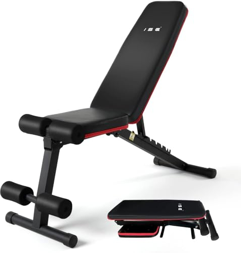 ISE Verstellbare Hantelbank, Trainingsbank für Ganzkörpertraining, große Größe und verdickte Kissen, 340 kg, Mehrzweck, 3 Sekunden, schnell zusammenklappbar, Neigung, Trainingsbank für Zuhause