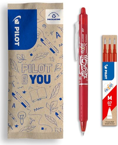 PILOT - Set aus 1 FriXion Clicker + 1 Set aus 3 Minen - Radierbarer Stift mit Druckmechanik und wärmeempfindlicher Tinte - Nachfüllbar und komfortabel - Rot - Mittlere Spitze