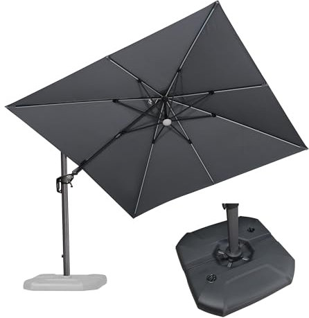 PURPLE LEAF Parasol Déporté Pivotant et Lumineux 3 x 3 m Carré avec Socle, Parasol de Jardin Extérieur avec Tournez 60° des Deux Côtés et Rotation à 360°, Toile UPF 50+, Gris Clair