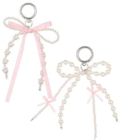 Yuanchu Lot de 2 porte-clés en forme de nœud avec perles - Esthétique - Pour sac à main, voiture - Pour femme, Blanc, rose, taille unique