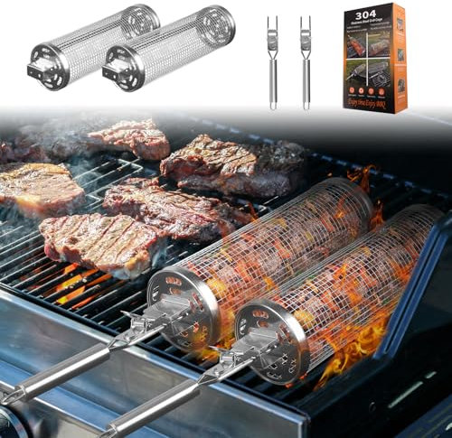 Longzhuo 2 Pezzi Griglia per Barbecue, Cestini per Griglia Acciaio Inossidabile, con due Manici Rimovibili in Acciaio Inox, Girare Cestino per Griglia, adatto per Grigliare Verdure, Carne, Frutta