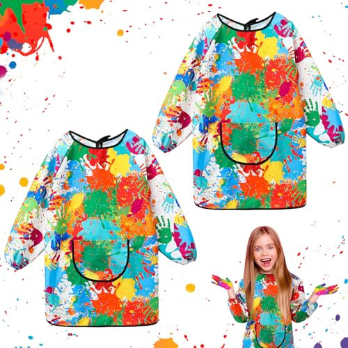 GSrenyu 2Pcs Kids Art Aprons for Age 7-12 Years Girls Boys,Waterproof Graffiti Painting Aprons Long Sleeves with Pockets,Kids Painting Smock Toddler Children,Play Apron for Painting,Craft,School,Green
