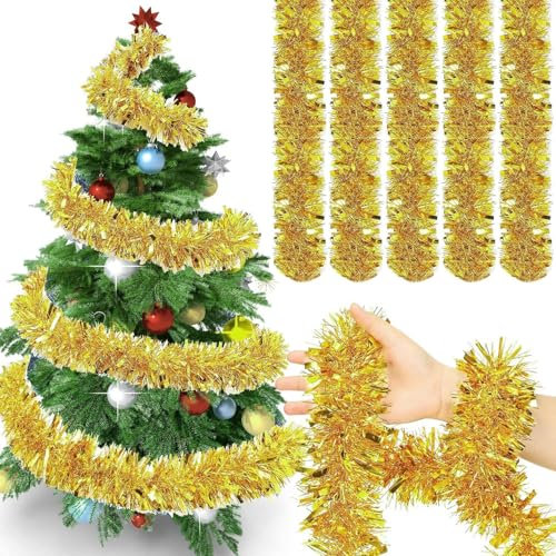 XULEGGNK Glänzend Lametta Girlande, 5 * 2 M Weihnachten Lametta Glänzend, Metallisch Glänzend Girlande, Weihnachtsdeko Girlanden Tannengirland, für Türen Kamine Treppengeländer, Gold