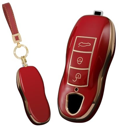 TECART Porte-clés de voiture - Convient pour Porsche 911 718 Cayenne Macan Panamera Boxster Cayman Carrera Spyder TPU - Étui de protection pour clé - 3 boutons - Rouge A