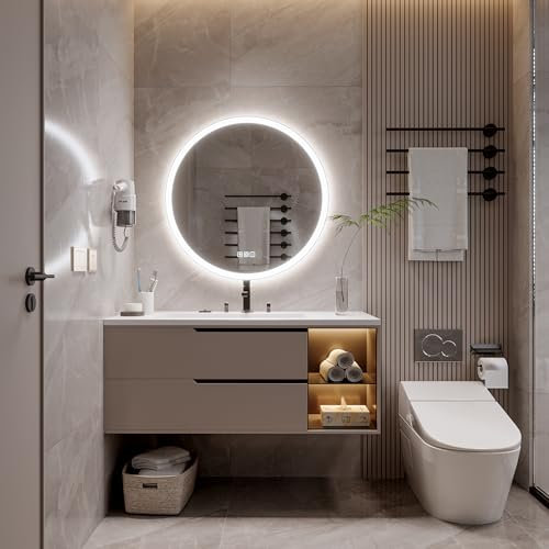luminorcrest Specchio-Bagno-con-Luce rotondo 80 cm, Lampada con Luce Regolabile a 3 Colori, Impermeabile, Antinebbia, Vetro Temperato,2700k-6000k,IP44 Specchio-Bagno,Orizzontale/Verticale.