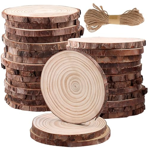 ZEONHEI 30 Stück Runde Holzscheibe, 12-13 cm Unvollendete Holzkreise, Mit 2 Stück 10m Hanfseil, Runde Baumscheiben mit Rinde, Holz Log Handwerkliche Scheiben für Kunst Malerei Dekoration DIY Handwerk