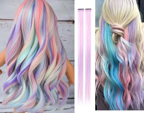2 x Clip-In Hair Extension Highlights Streaks, Colourful Hair Highlights (Mixed Pastels x 2)