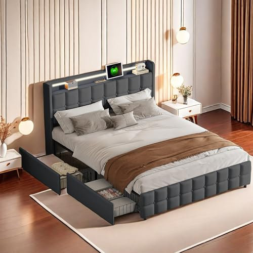 YYXLDYNB - Cama doble con tapa de 160 x 200 cm, con iluminación LED y carga USB, cama doble con 4 cajones de almacenamiento, cama de 2 personas con somier de láminas, sin colchón, color gris
