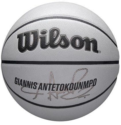 Wilson NBA Player Icon UV Basketball, Antetokounmpo Design, Mit UV-Schutz und Pure Feel Textur, True Grip Beschichtung und zuverlässiger Bounce, Farbe: Grau, Größe: 7