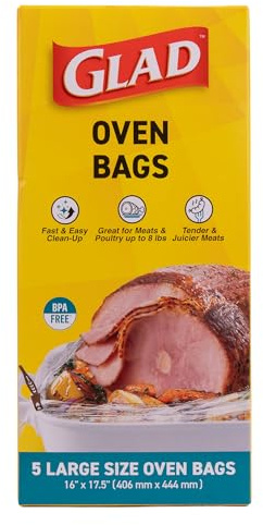 Glad Large Size Disposable Oven Bags, 16 x 17.5 In, 5 Count | Locks in moisture for tender roasts, fits standard meats and poultry, easy cleanup with no scrubbing