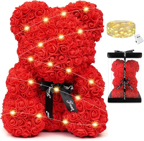 HORO.ES Rosenbär mit Geschenkbox, Rosenbär, Bär aus künstlichen Rosen, Schaumstoff, Geschenk für Valentinstag, Verliebte, Jahrestag, Liebe, Geburtstag, romantisches Geschenk (40 cm)