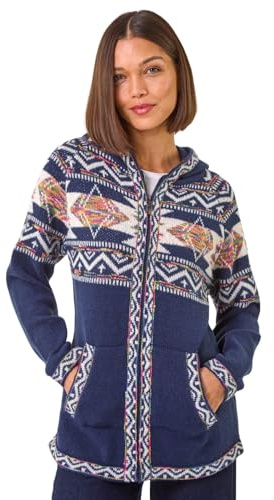 Roman Originals Women Jumper with Hood Ladies Winter Knitted Hoodie with Pockets Fairisle Nordic Aztec Print Hooded Sweater Knit Knitwear Autumn Flattering Casual Smart - Navy - Size 14