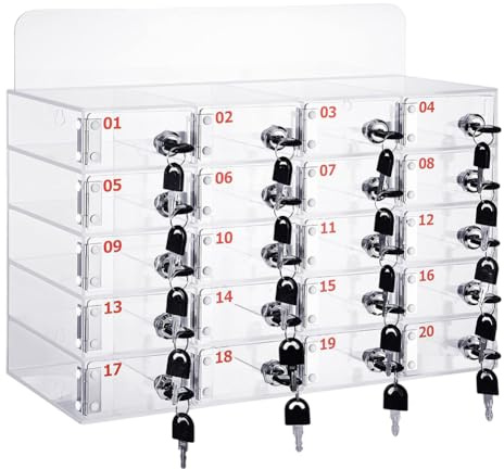 Zertylre Boîte de rangement en acrylique pour téléphone portable avec serrures de porte et clés, pour salle de classe, bureau, salle de sport, montage mural et bureau (20 compartiments)