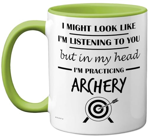 Stuff4 Archery, in My Head Mug | Funny Gift for Archery Lover Women and Men, 11oz Premium Ceramic Dishwasher Safe Green Handle Mugs Novelty Cup